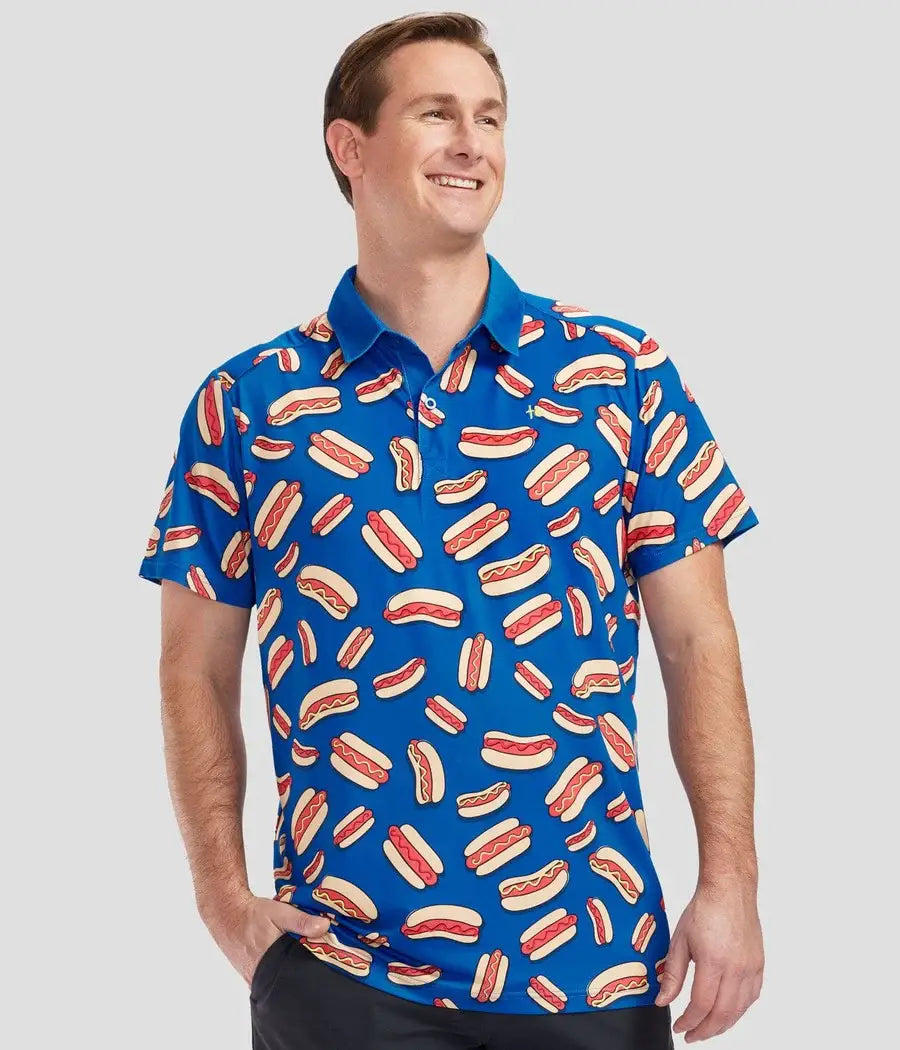 Tipsy Elves - Hot Dog Men's Golf Shirt - Blue Summer Golf Polo: 3XL