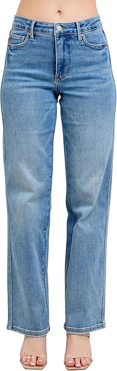Judy Blue Mid Rise Tumm Control Vintage Wash Straight Jeans-Petite