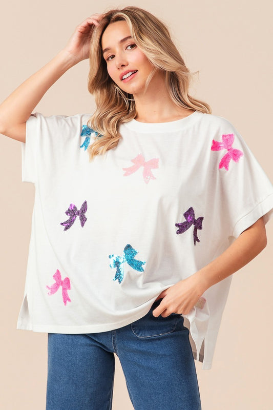 Jersey Sequins Bow Patch Top