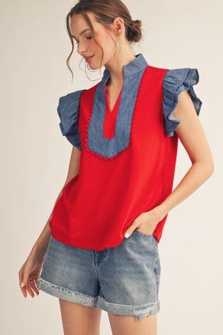 Red an Blue Ruffle Sleeve Top