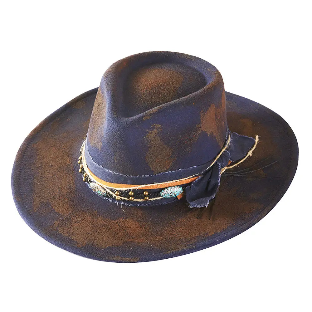Beaded Distressed Fabric Band Rustic Cowgirl Western Fedora Hat