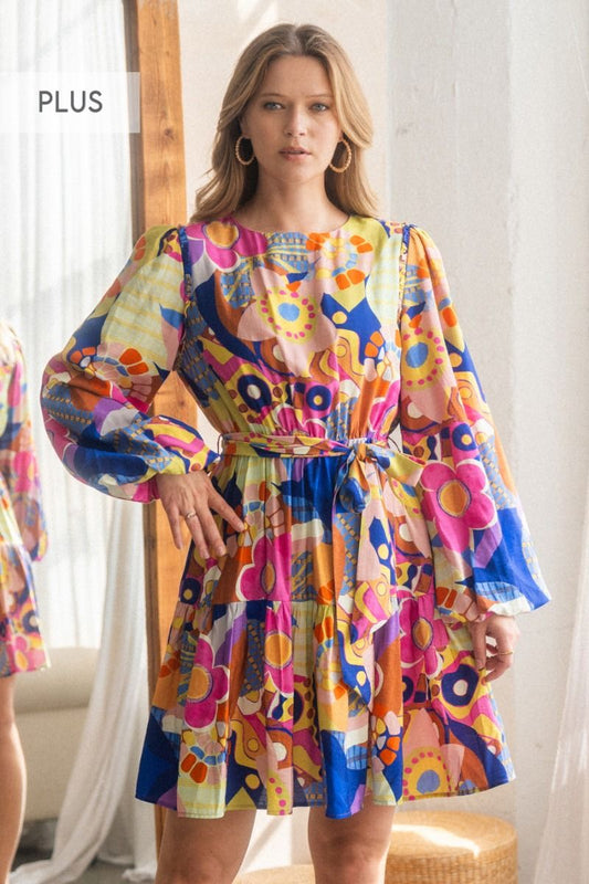 Geo printed boat neck long sleeve mini dress with self belt