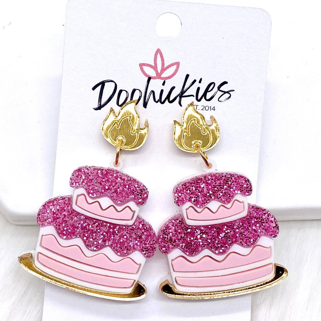 Doohickies - 1.5" Pink Glitter Cake Acrylic Dangles -Birthday Earrings