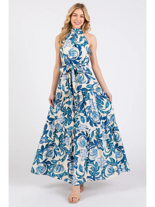 Floral Printed Woven Halter Maxi Dress