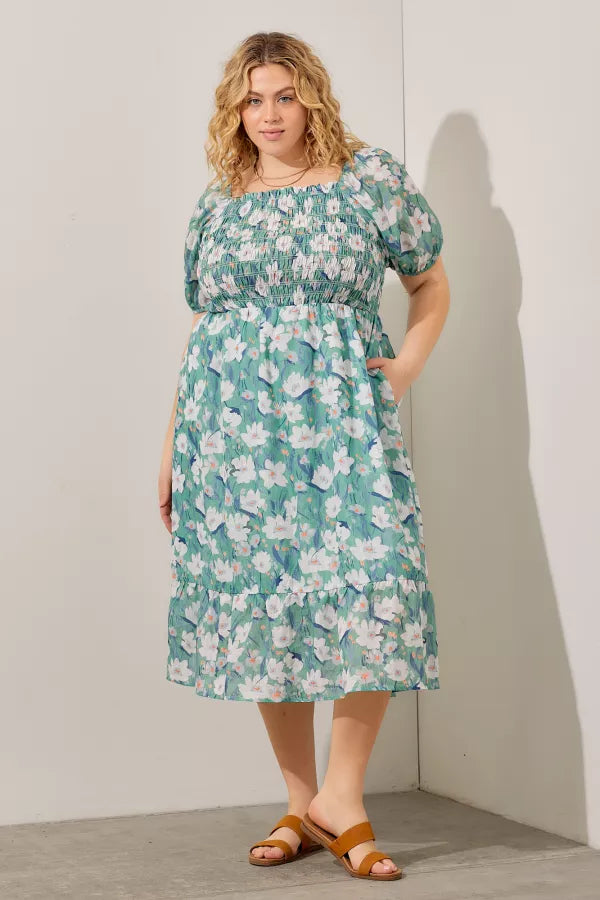 Floral Print Smocked Midi Dress – Pink Porch Boutique Columbia