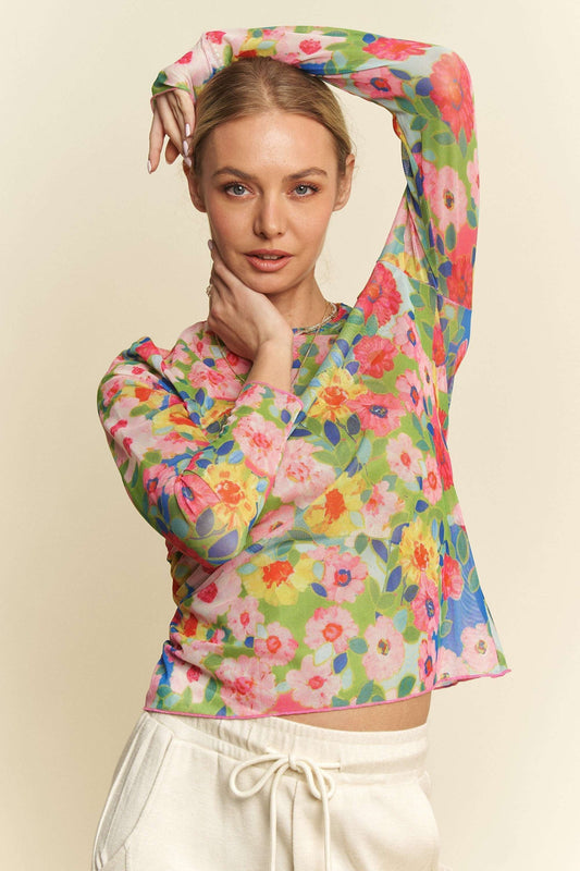 PLUS FLOWER PRINTED MESH ROUND NECK LONG SLEEVE TOP