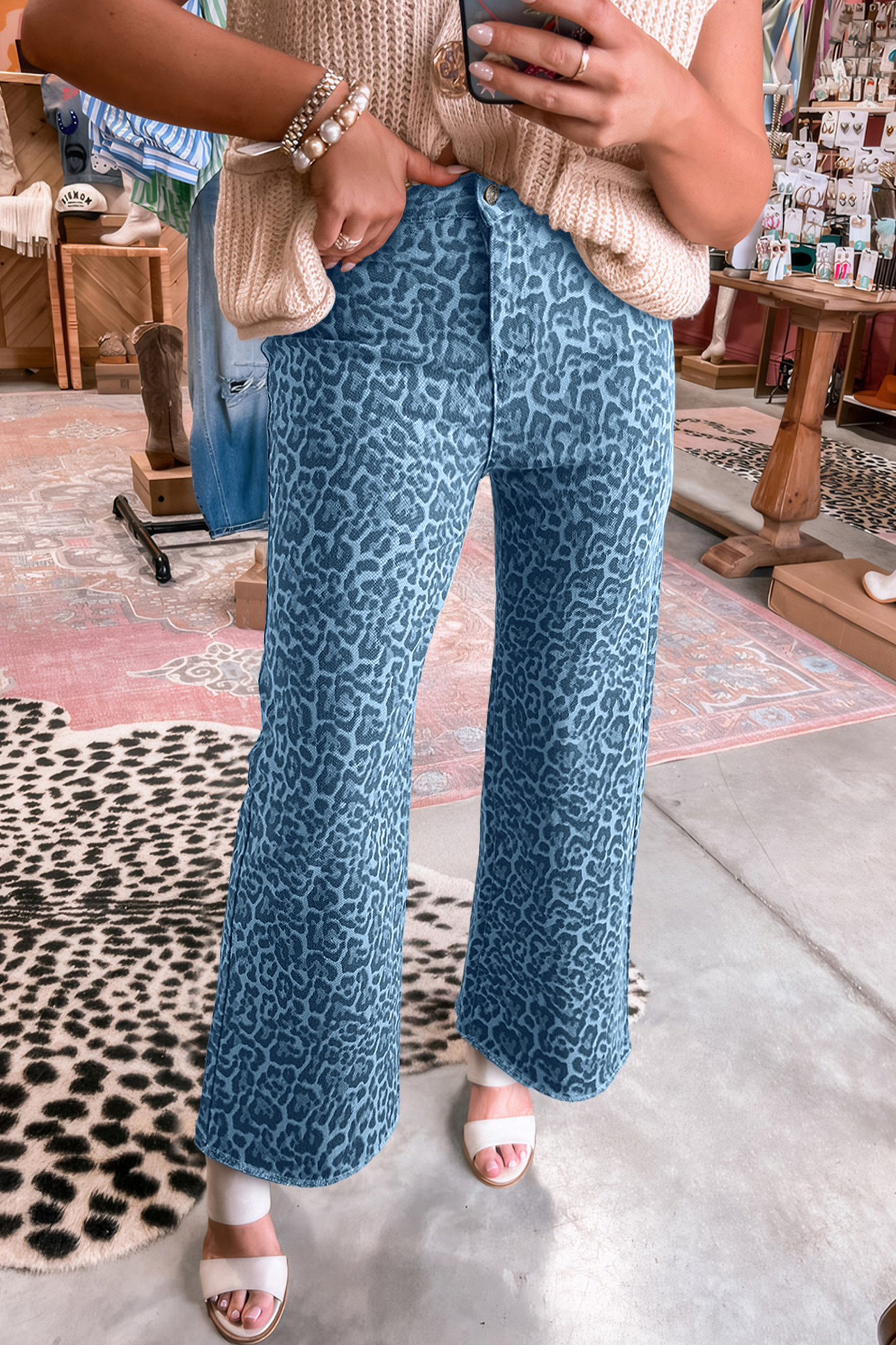 Leopard Frayed Edge Wide Leg High Waist Jeans