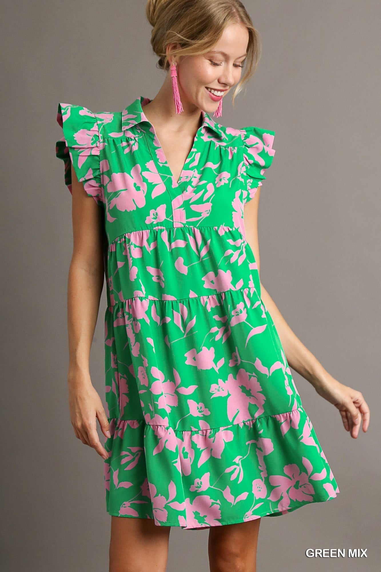 Floral A-Line Collar dress w/ Flutter Sleeves