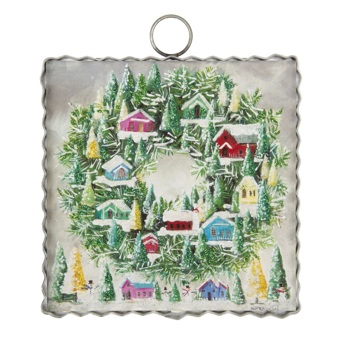 Mini Vintage Wreath of Houses Print w/Metal Frame