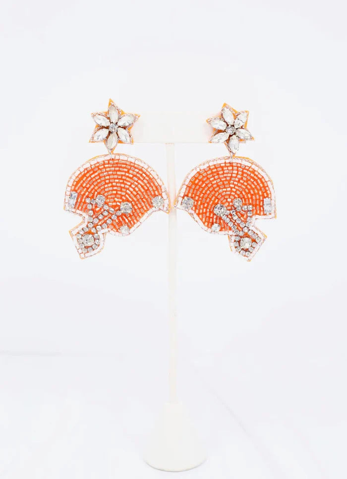 Beaded Football Helmet Earring ORANGE WHITE