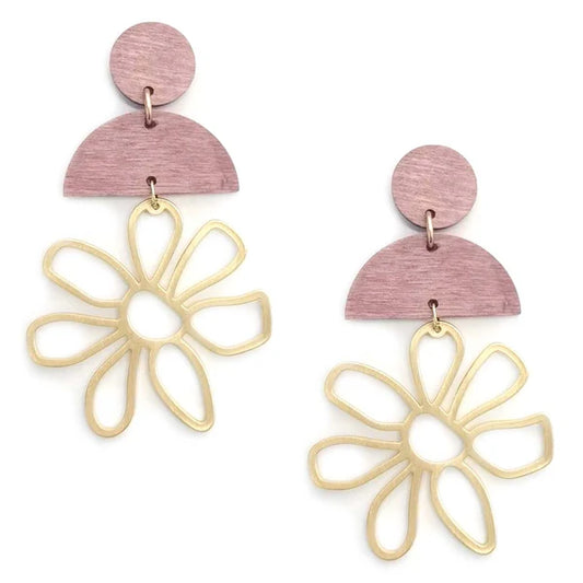 Blush Wood Half Moon and Gold Open Flower Earring
