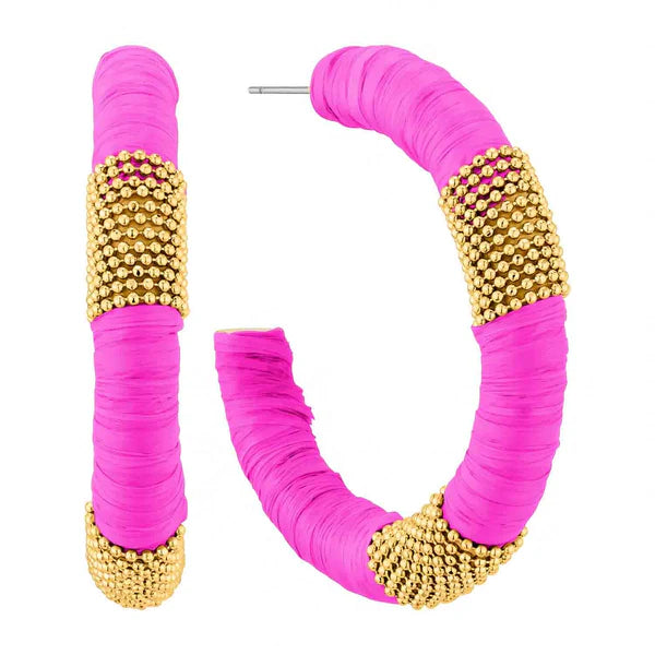Raffia and Gold Beaded Accent Hoop Earring