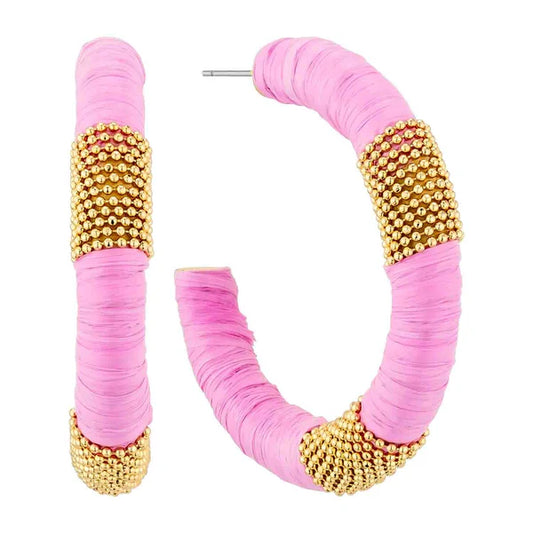Raffia and Gold Beaded Accent Hoop Earring