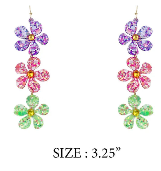 Multi Glitter Flower 3 Drop Earring