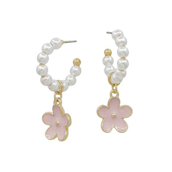 Pearl Hoop Earring with Enamel Flower Drop