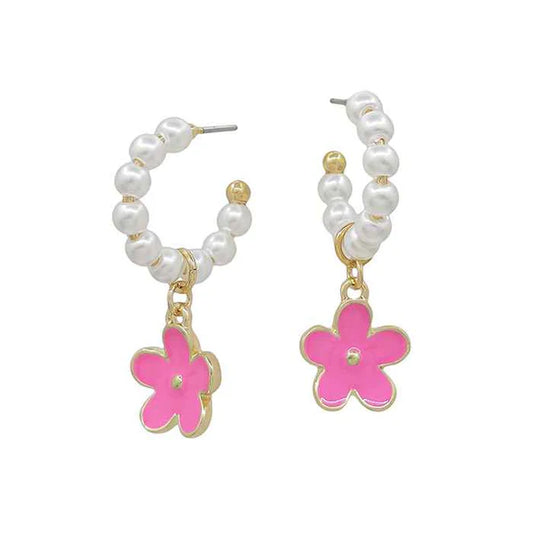 Pearl Hoop Earring with Enamel Flower Drop