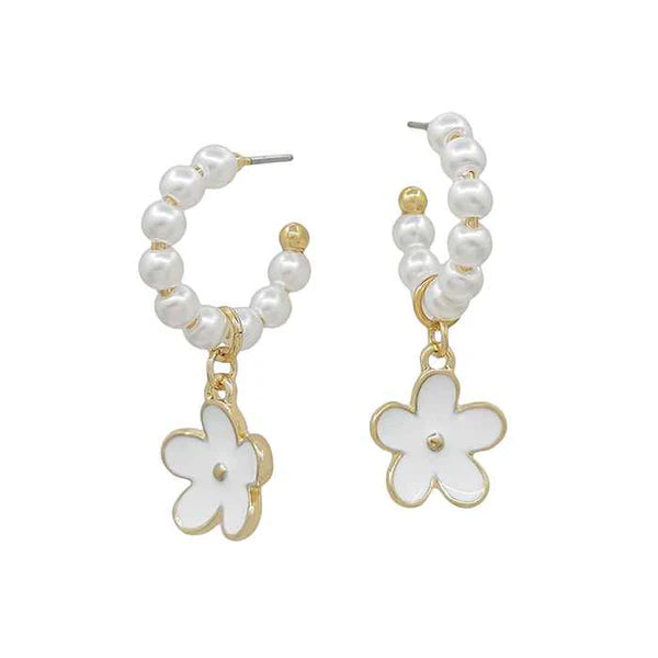 Pearl Hoop Earring with Enamel Flower Drop