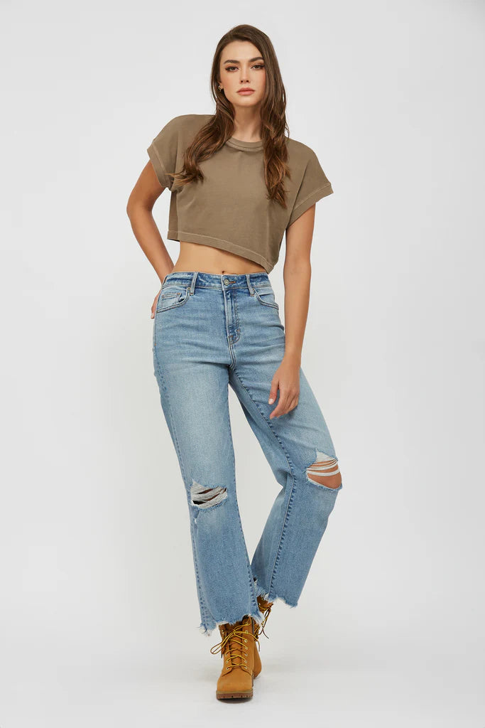 Hidden Distressed Wide Leg Jeans