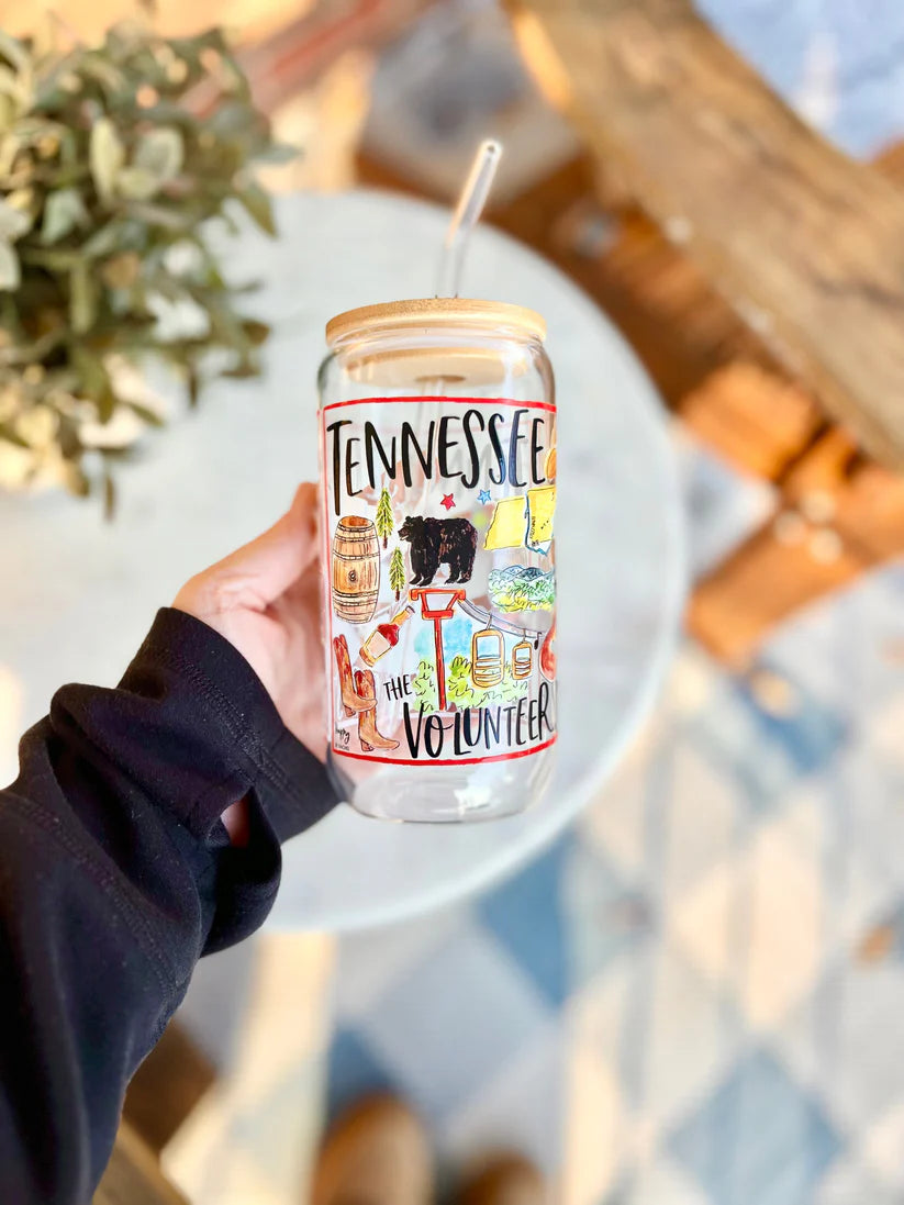 16 oz State of TN Glassware with Bamboo Lid and Glass Straw