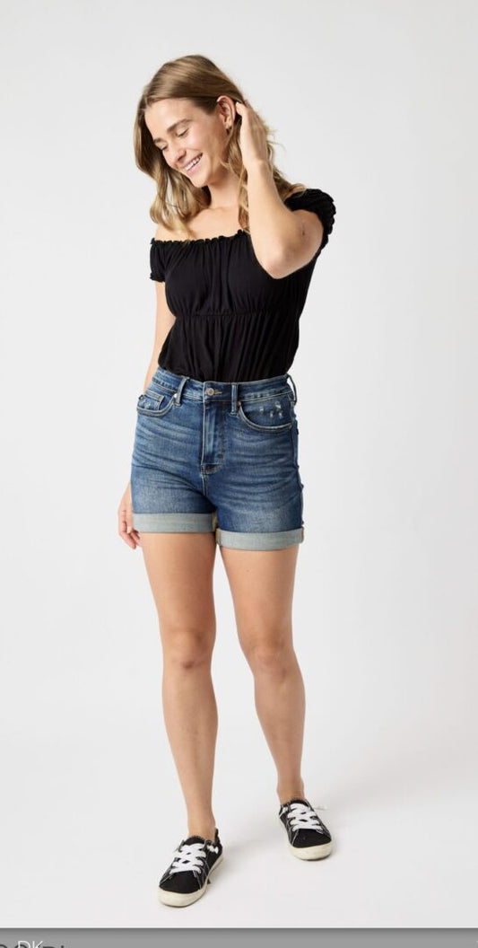 HW Tummy Control Vintage Wash Cuffed Shorts