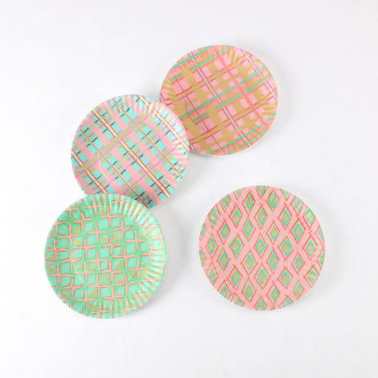 Diamond and Plaid "Paper" Plate, St/4, Melamine, 7.5"