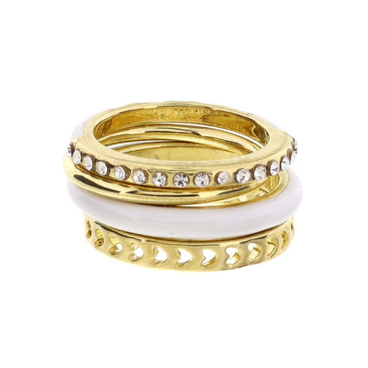 Set Of 4, Gold Open Heart, Gold And White Enamel Ring