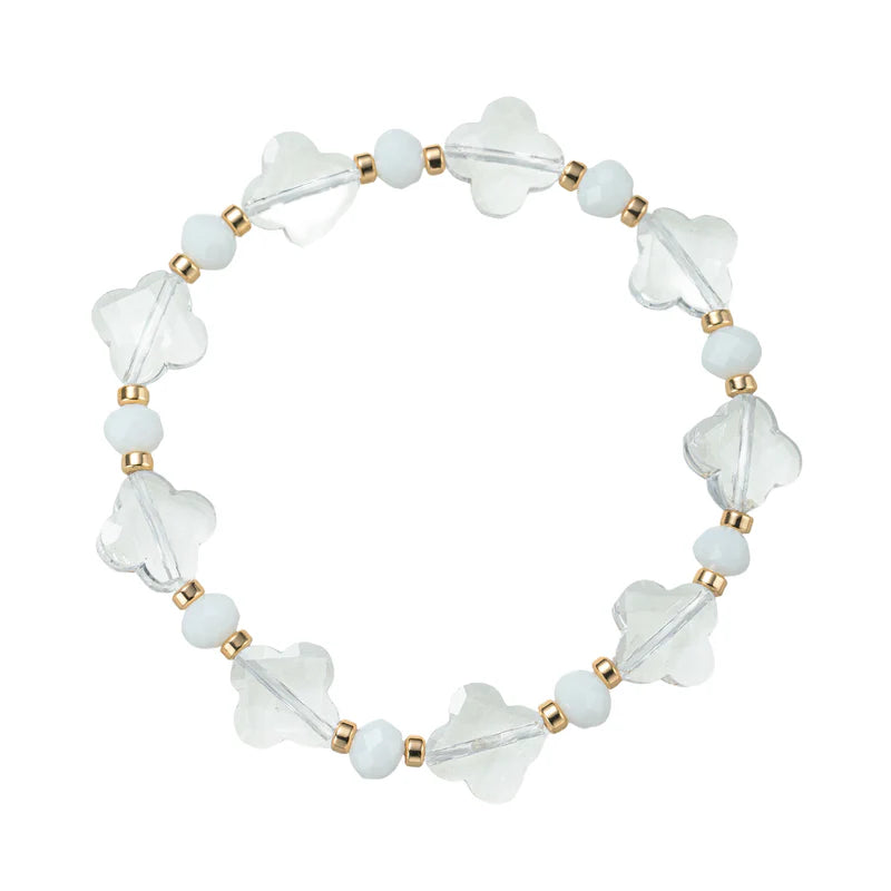 Clear, White, Gold Quatrefoil Beaded Stretch Bracelet
