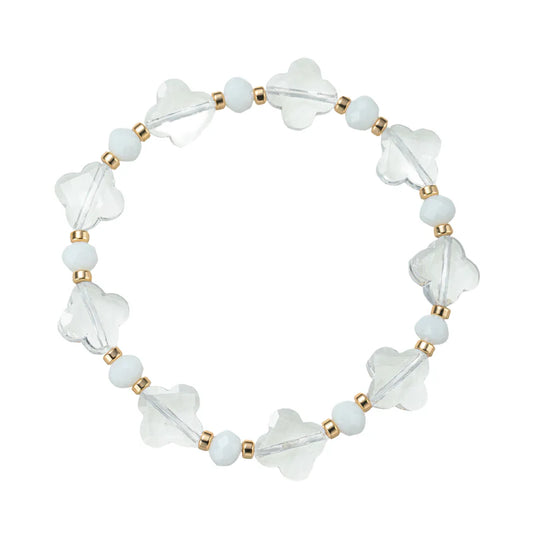Clear, White, Gold Quatrefoil Beaded Stretch Bracelet