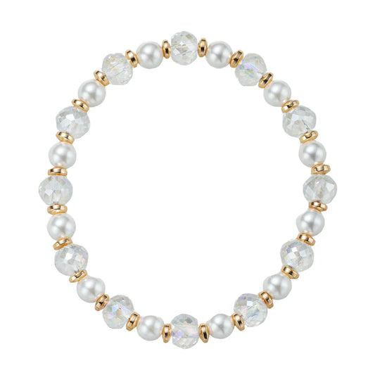 Clear, Pearl, Gold Faceted Beaded Stretch Bracelet