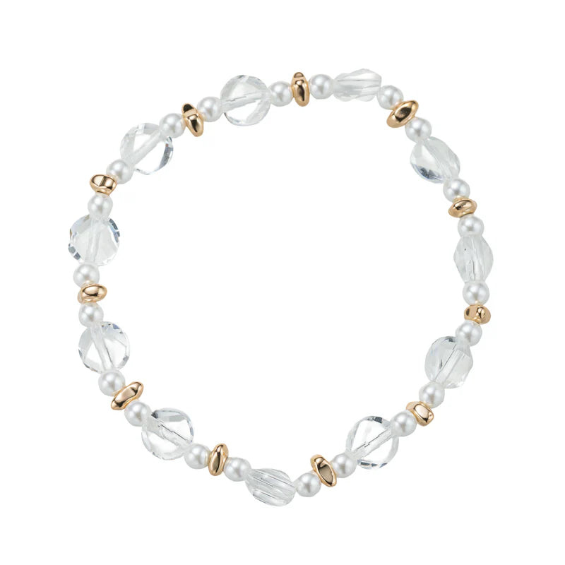 Clear, Pearl, Gold Circle Beaded Stretch Bracelet