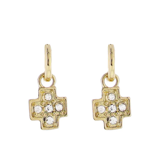 Gold Huggie Earring with Clear Crystal Cross