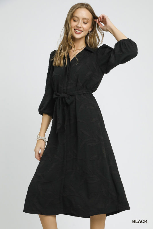 Black Textured Midi Dress with tie waist