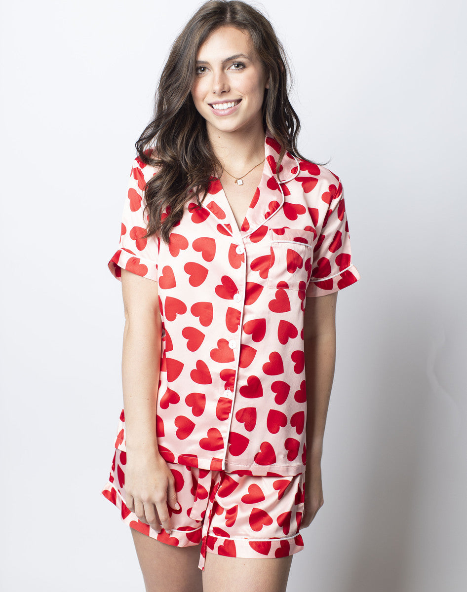 Pink Silky Satin PJ's w/Hearts Short Set