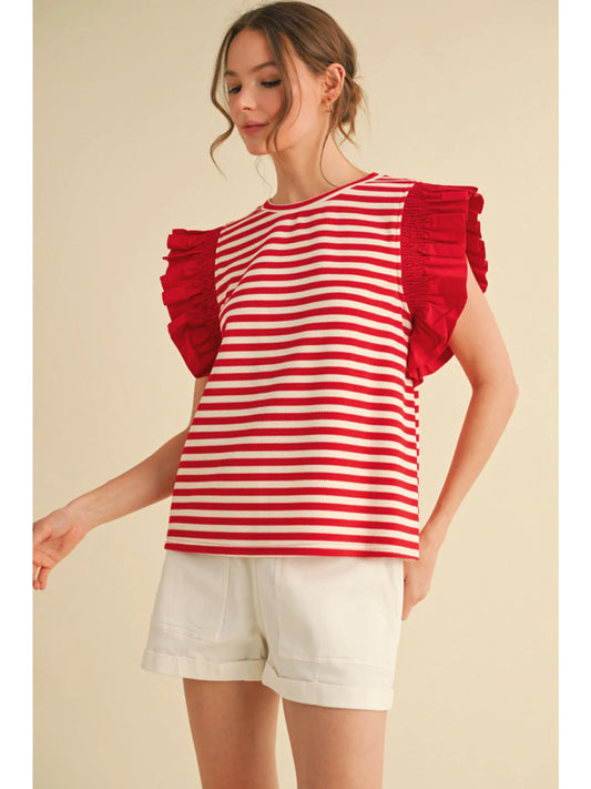 Red Striped Top with Solid Color Ruffle Sleeve