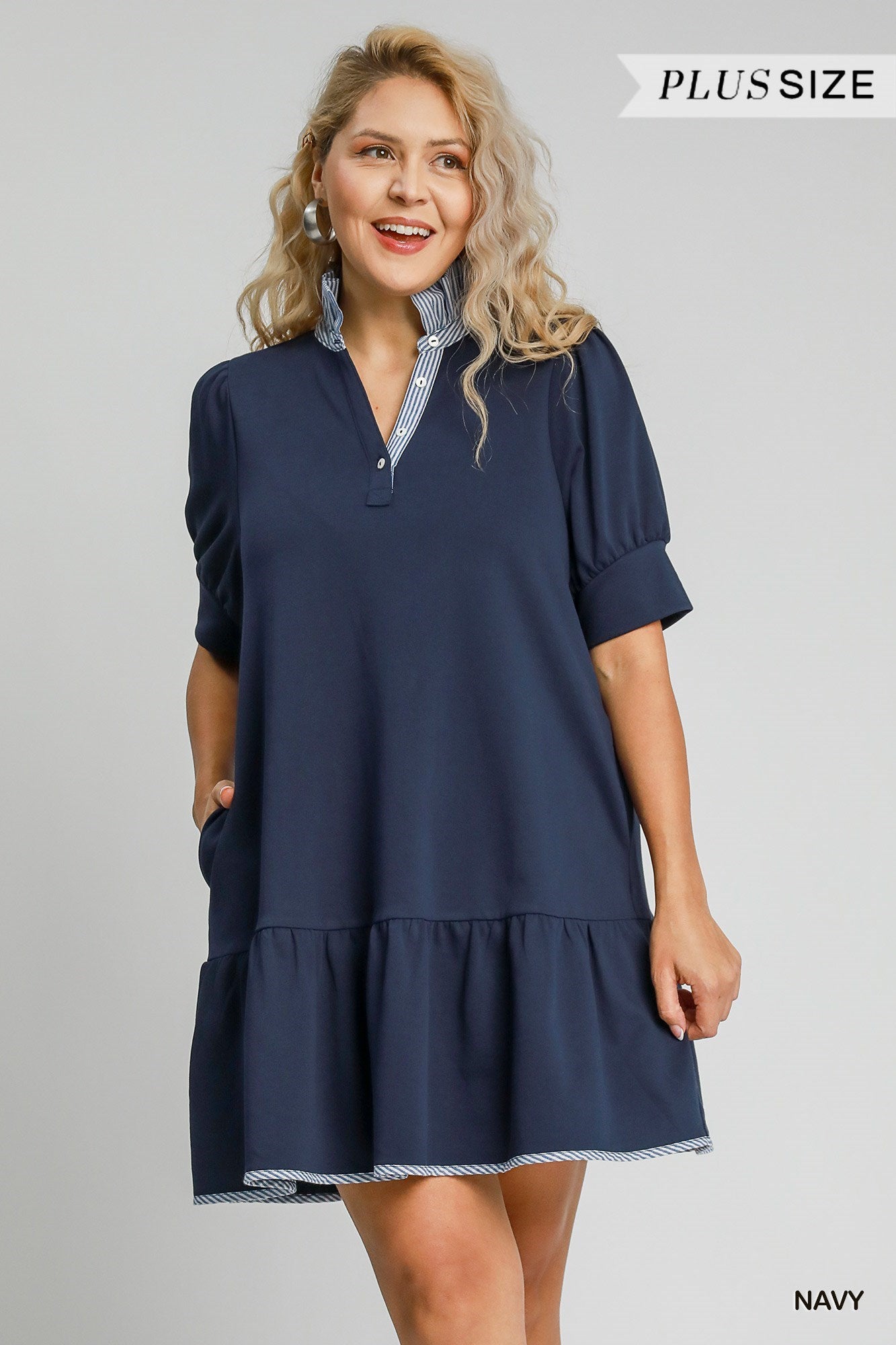 Curvy Navy Puff Sleeve Tiered Mini Dress