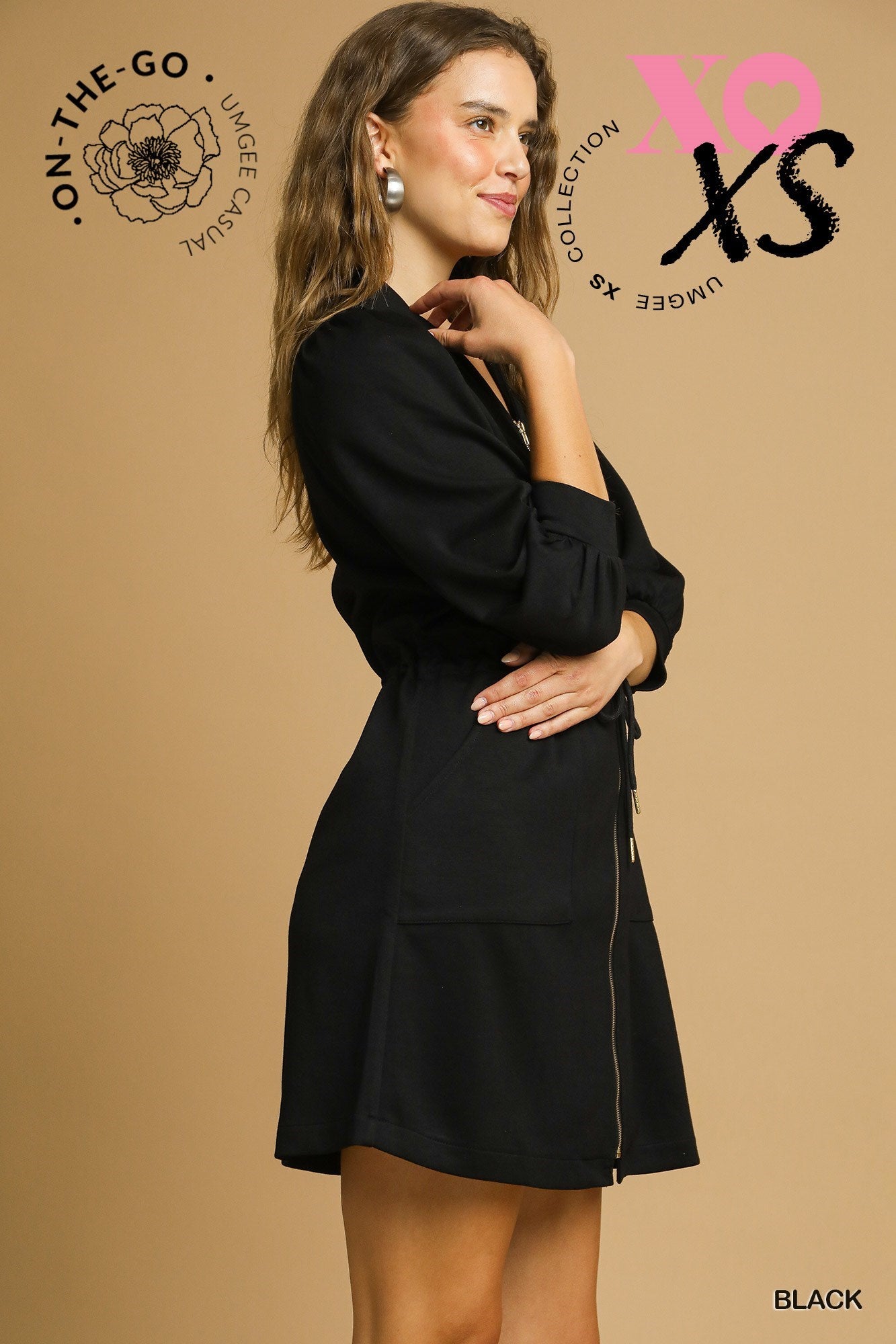 Zip-Up Mini Dress with Drawstring Waist