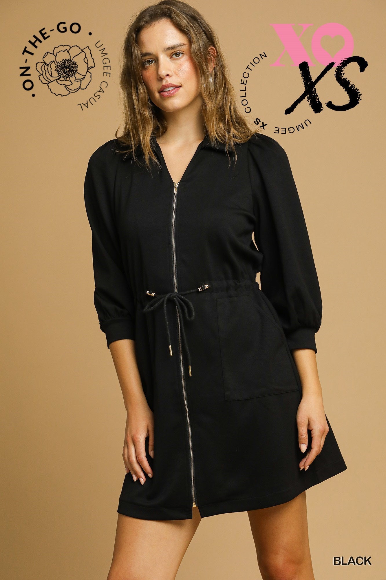 Zip-Up Mini Dress with Drawstring Waist