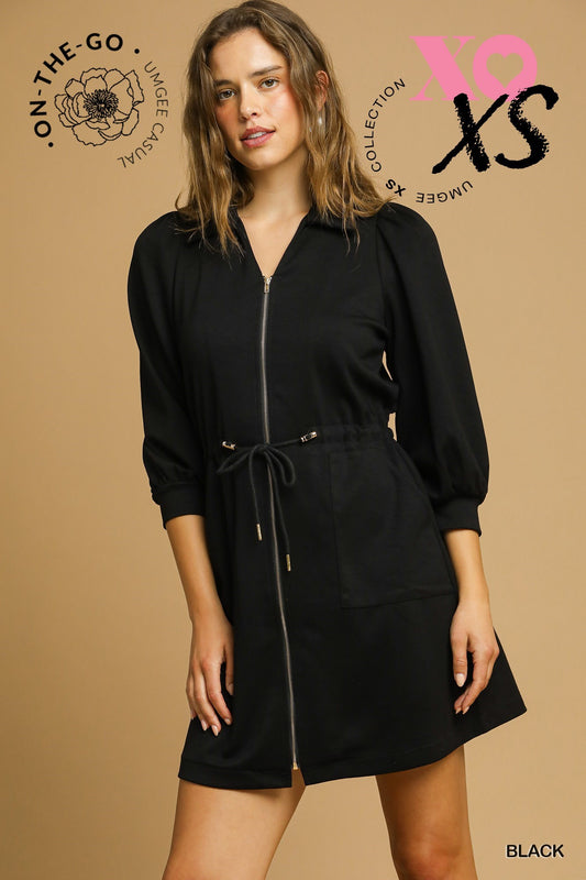 Zip-Up Mini Dress with Drawstring Waist