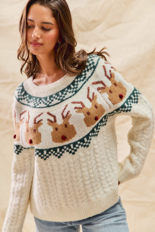 Rudolph Face Pattern Textur Christmas Sweater Top