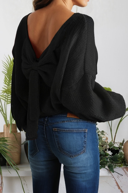 Black Backless Bubble Sleeve Back Bow Sweater - L