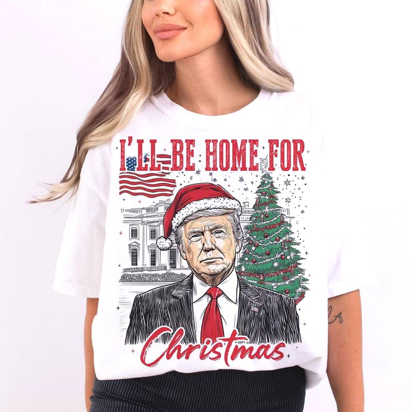 TheKingShirt - Trump Ill Be Home for Christmas - Funny Holiday T-Shirt: T-shirt / White / M