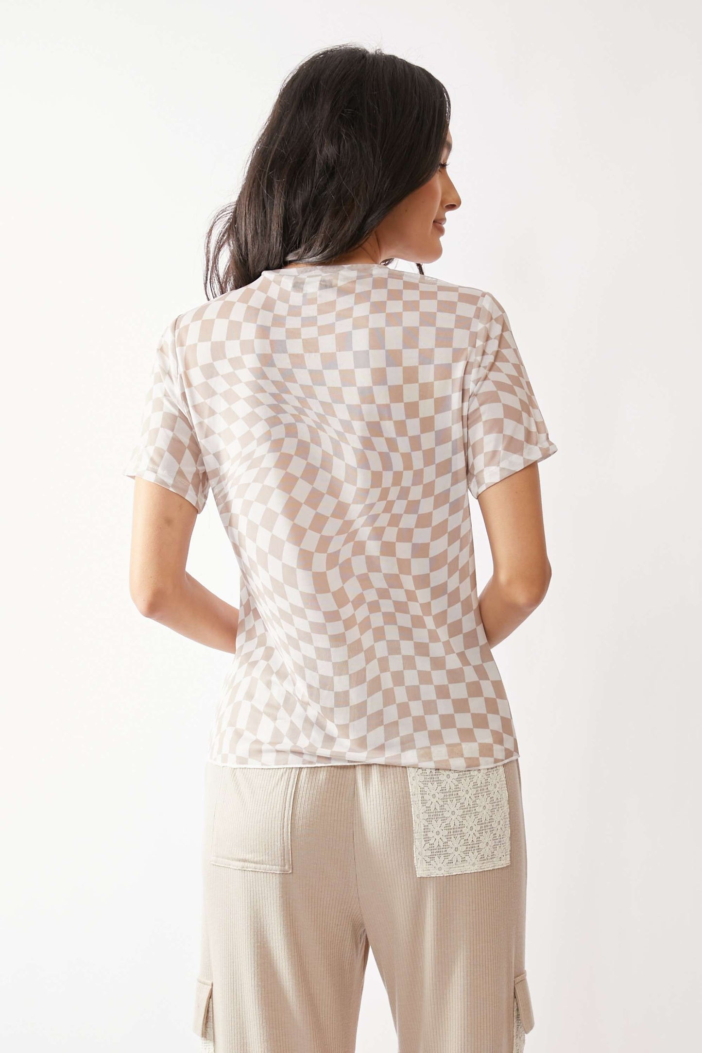 Checker Board Printed Mesh Short Sleeve Top