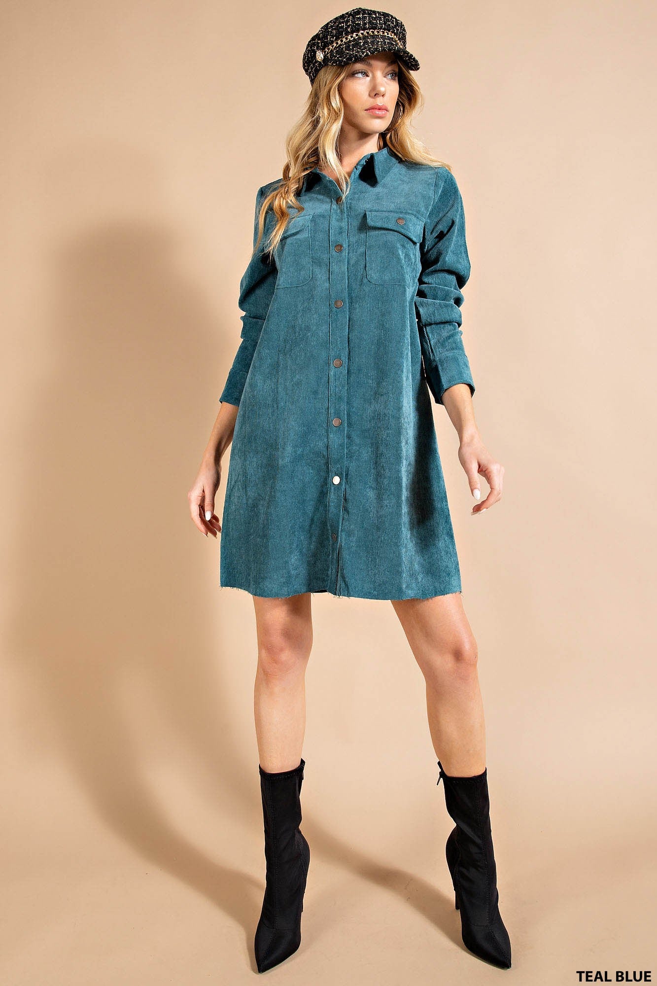 Corduroy Shirt Dress Teal Blue