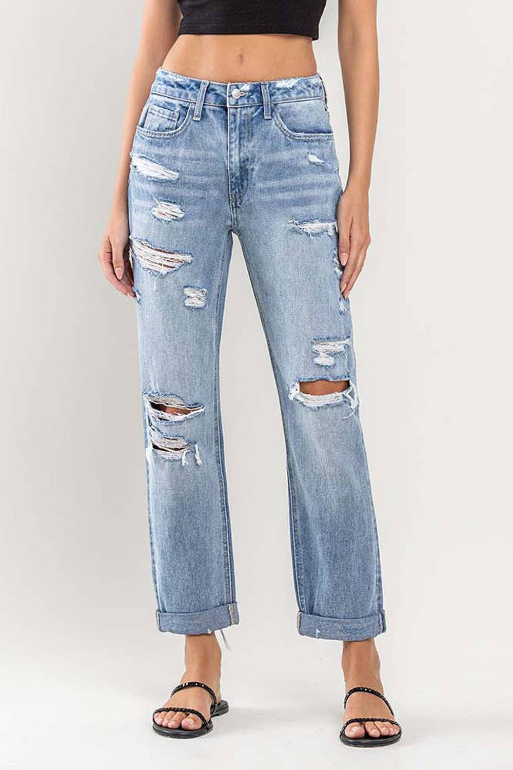 FLYING MONKEY - HIGH RISE CUFFED BOYFRIEND JEANS F4300: WORN BLUE