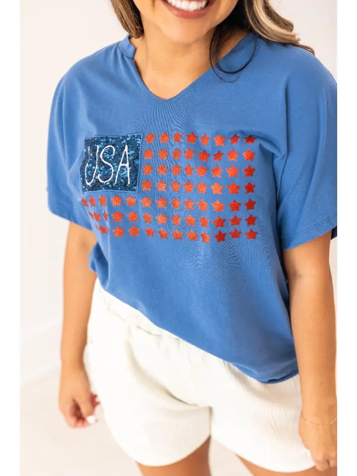 USA Flag Glitter Stars Top