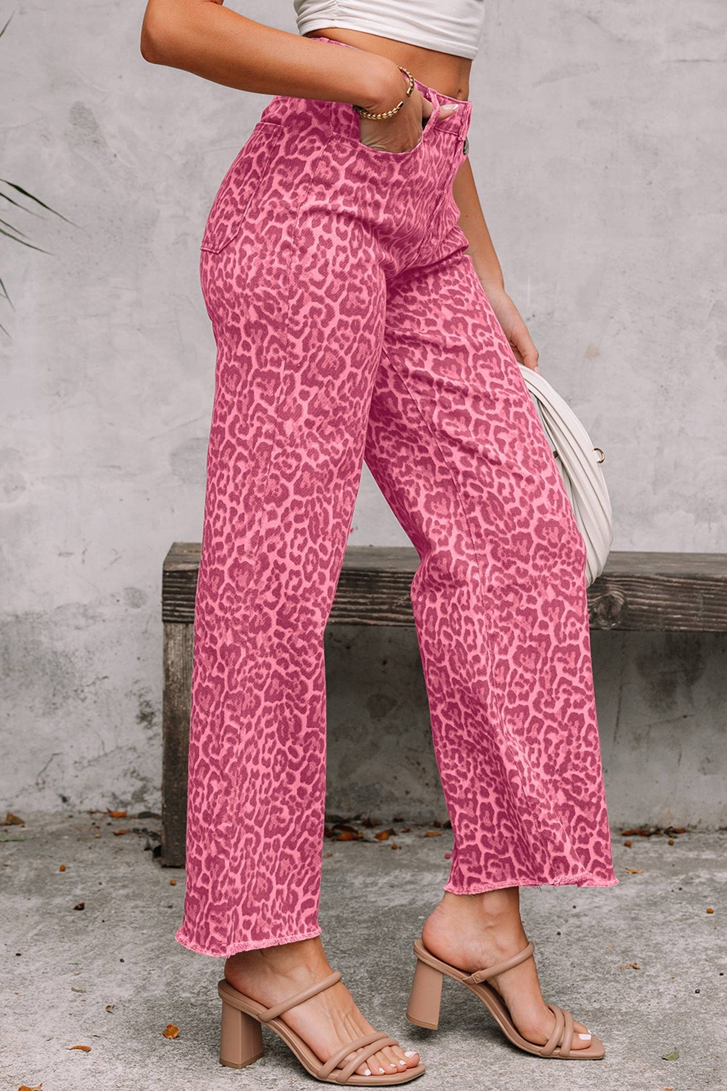 Gray Leopard Frayed Edge Wide Leg High Waist Jeans Size 6