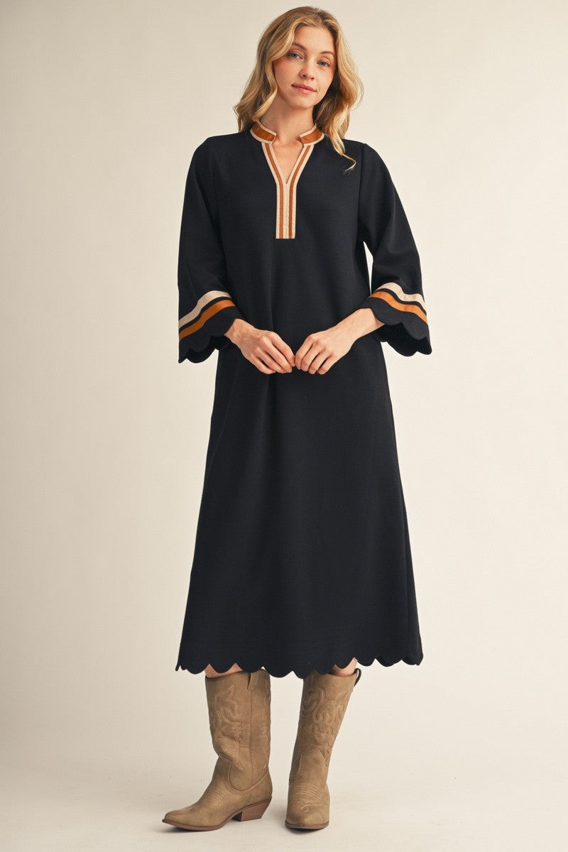 Scallop Edge Detail Solid Midi Dress