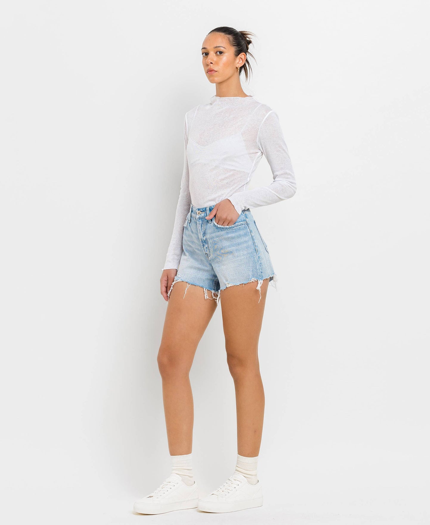 VERVET by FLYING MONKEY - HIGH RISE DISTRESSED HEM A LINE SHORTS T6316: TANA RIVER / L