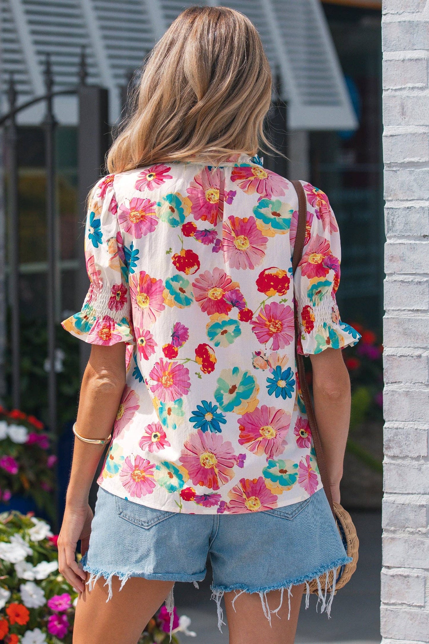 Beige Floral Tie Blouse