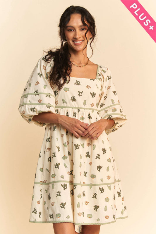 Plus Cactus Printed Poplin Contrast Dress